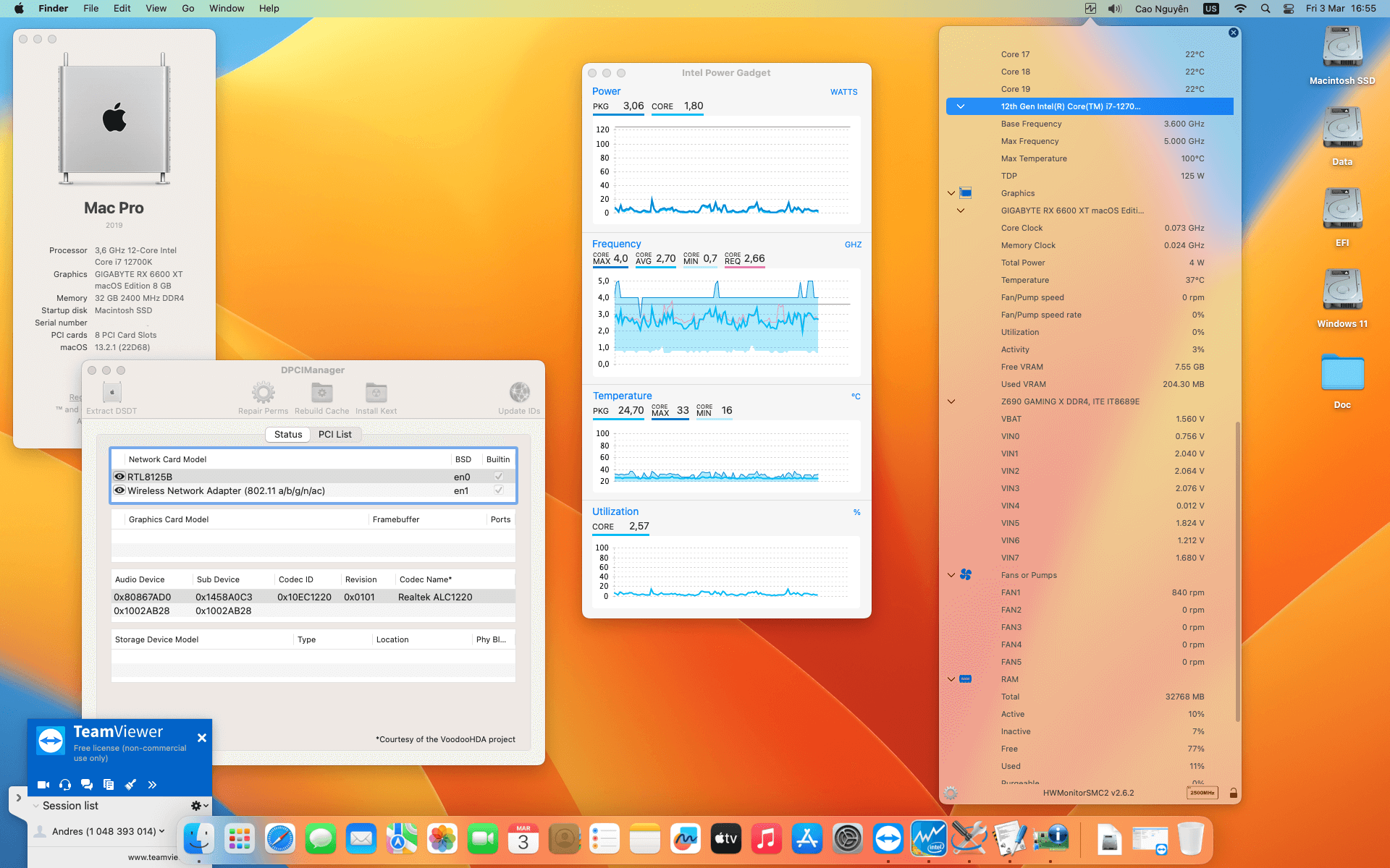 Success Hackintosh macOS Ventura 13.2.1 Build 22D68 in Gigabyte Z690 Gaming X DDR4 + Intel Core i7 12700K + Gigabyte RX 6600 XT